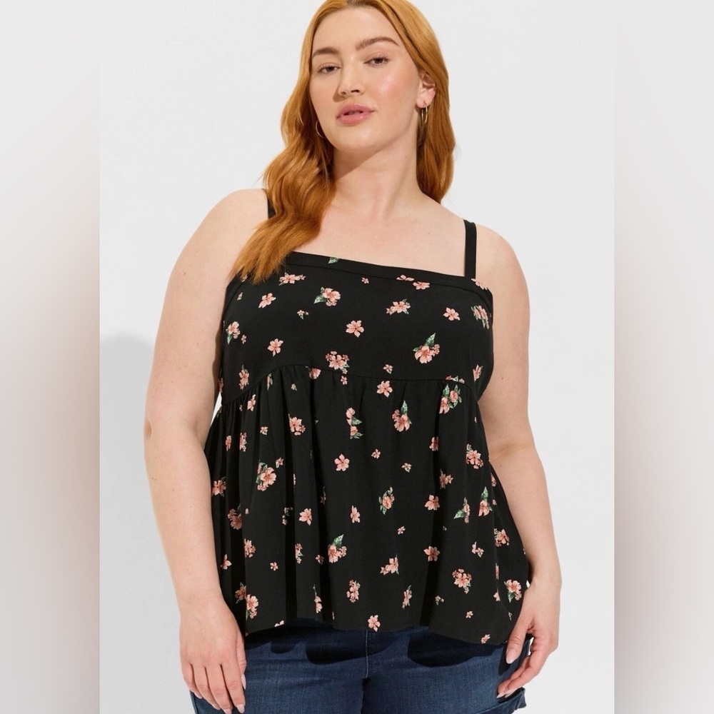 Torrid Babydoll Challis Square Neck Tank Black Floral Plus Size 2 2X